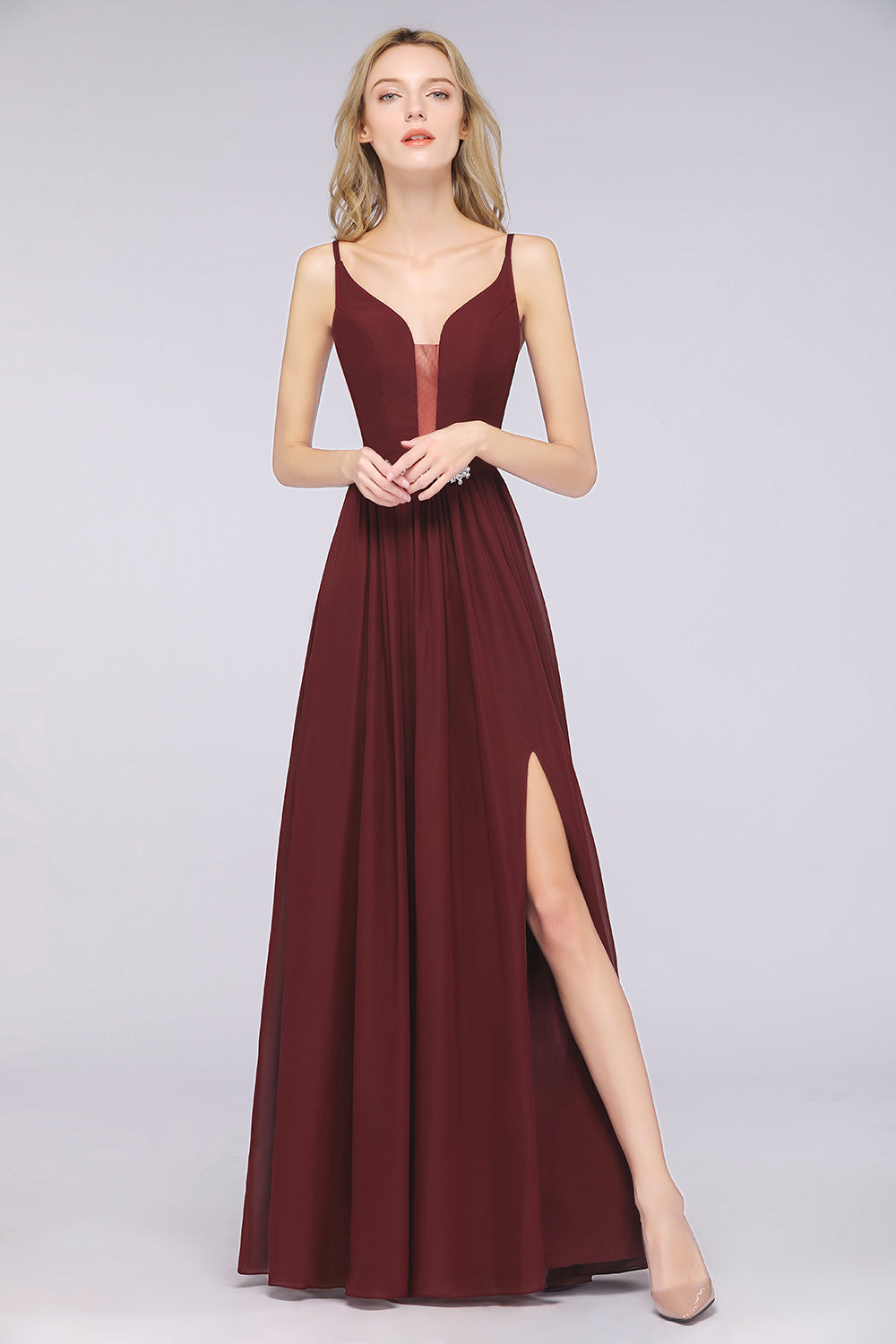 Sexy Deep-V-Neck Appliques Burgundy Chiffon Bridesmaid Dress with Slit-Babyonlines