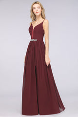Sexy Deep-V-Neck Appliques Burgundy Chiffon Bridesmaid Dress with Slit-Babyonlines