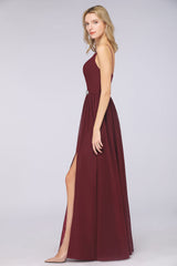 Sexy Deep-V-Neck Appliques Burgundy Chiffon Bridesmaid Dress with Slit-Babyonlines