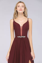 Sexy Deep-V-Neck Appliques Burgundy Chiffon Bridesmaid Dress with Slit-Babyonlines