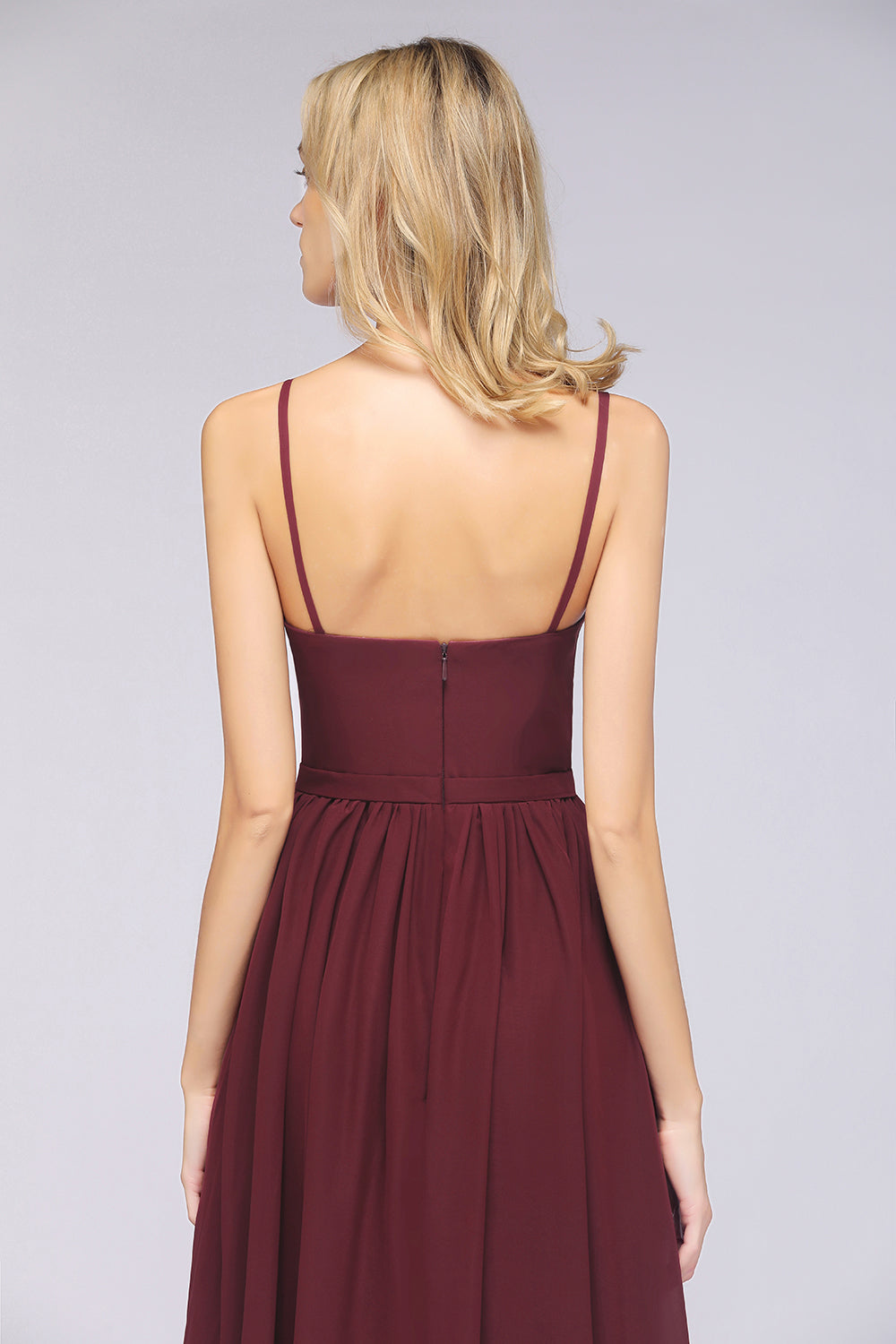 Sexy Deep-V-Neck Appliques Burgundy Chiffon Bridesmaid Dress with Slit-Babyonlines