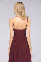 Sexy Deep-V-Neck Appliques Burgundy Chiffon Bridesmaid Dress with Slit-Babyonlines