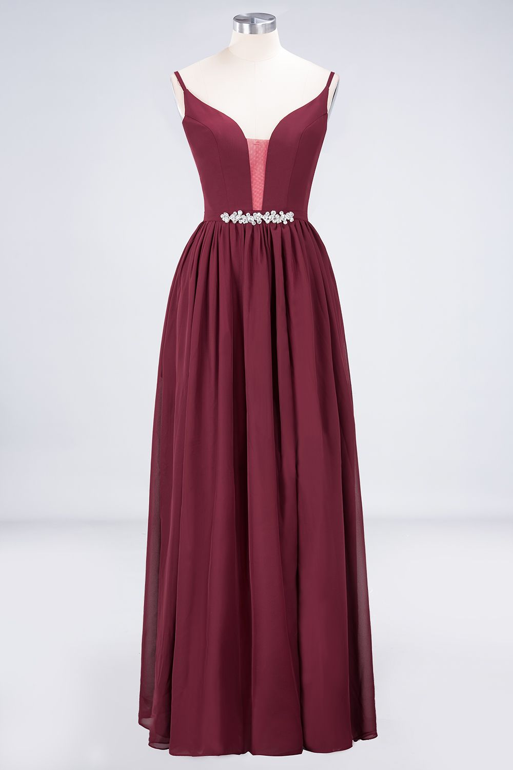Sexy Deep-V-Neck Appliques Burgundy Chiffon Bridesmaid Dress with Slit-Babyonlines