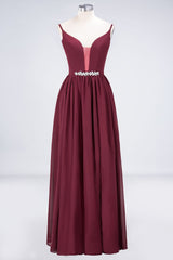 Sexy Deep-V-Neck Appliques Burgundy Chiffon Bridesmaid Dress with Slit-Babyonlines