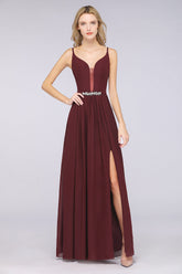 Sexy Deep-V-Neck Appliques Burgundy Chiffon Bridesmaid Dress with Slit-Babyonlines