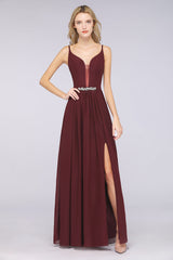 Sexy Deep-V-Neck Appliques Burgundy Chiffon Bridesmaid Dress with Slit-Babyonlines