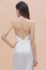Sexy Deep-V-Neck Halter Backless Charmeuse Bridesmaid Jumpsuit Online-Babyonlines