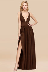 Sexy Deep V-Neck Sleeveless Bridesmaid Dress Burgundy Chiffon Wedding Party Dress-Babyonlines
