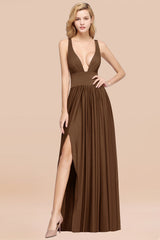 Sexy Deep V-Neck Sleeveless Bridesmaid Dress Burgundy Chiffon Wedding Party Dress-Babyonlines