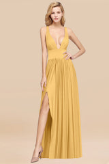 Sexy Deep V-Neck Sleeveless Bridesmaid Dress Burgundy Chiffon Wedding Party Dress-Babyonlines