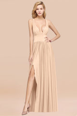 Sexy Deep V-Neck Sleeveless Bridesmaid Dress Burgundy Chiffon Wedding Party Dress-Babyonlines