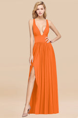 Sexy Deep V-Neck Sleeveless Bridesmaid Dress Burgundy Chiffon Wedding Party Dress-Babyonlines