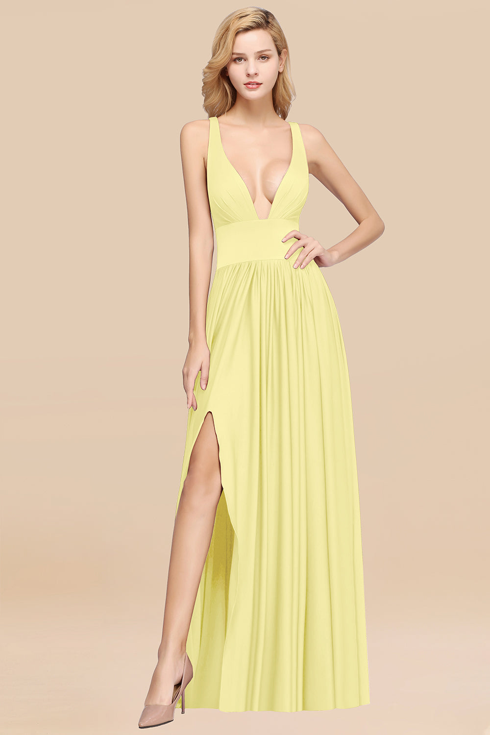 Sexy Deep V-Neck Sleeveless Bridesmaid Dress Burgundy Chiffon Wedding Party Dress-Babyonlines