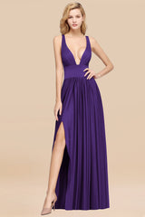 Sexy Deep V-Neck Sleeveless Bridesmaid Dress Burgundy Chiffon Wedding Party Dress-Babyonlines