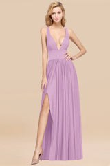 Sexy Deep V-Neck Sleeveless Bridesmaid Dress Burgundy Chiffon Wedding Party Dress-Babyonlines