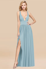 Sexy Deep V-Neck Sleeveless Bridesmaid Dress Burgundy Chiffon Wedding Party Dress-Babyonlines