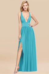 Sexy Deep V-Neck Sleeveless Bridesmaid Dress Burgundy Chiffon Wedding Party Dress-Babyonlines