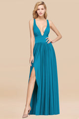 Sexy Deep V-Neck Sleeveless Bridesmaid Dress Burgundy Chiffon Wedding Party Dress-Babyonlines