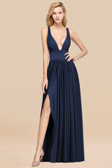 Sexy Deep V-Neck Sleeveless Bridesmaid Dress Burgundy Chiffon Wedding Party Dress-Babyonlines