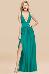 Sexy Deep V-Neck Sleeveless Bridesmaid Dress Burgundy Chiffon Wedding Party Dress-Babyonlines