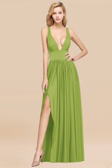 Sexy Deep V-Neck Sleeveless Bridesmaid Dress Burgundy Chiffon Wedding Party Dress-Babyonlines