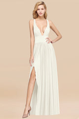 Sexy Deep V-Neck Sleeveless Bridesmaid Dress Burgundy Chiffon Wedding Party Dress-Babyonlines