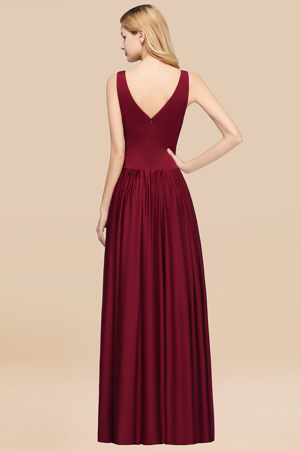 Sexy Deep V-Neck Sleeveless Bridesmaid Dress Burgundy Chiffon Wedding Party Dress-Babyonlines