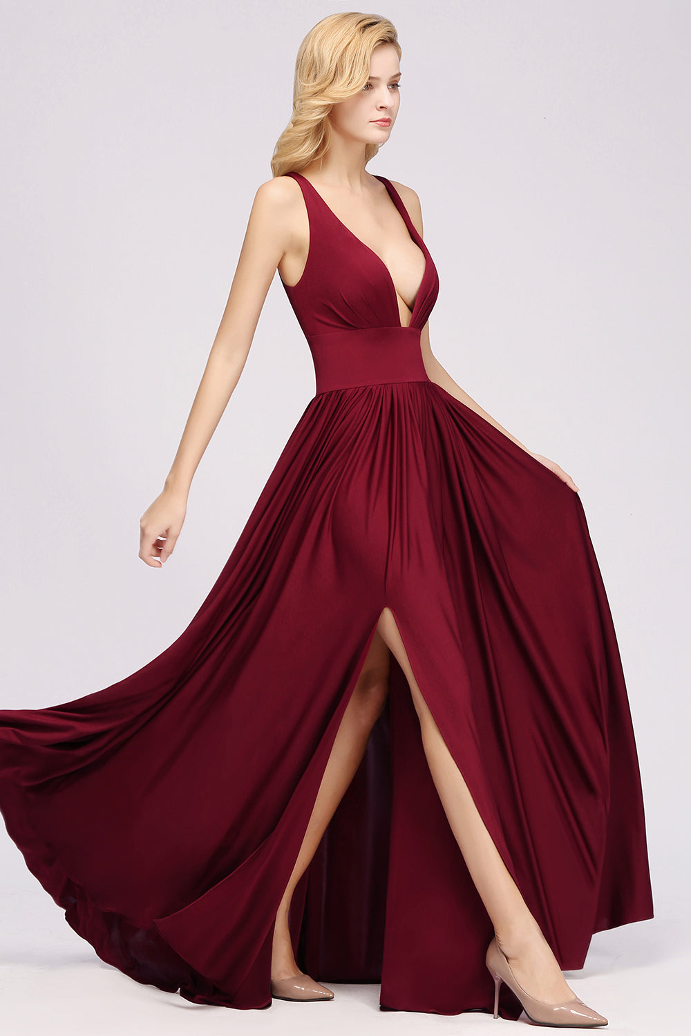 Sexy Deep V-Neck Sleeveless Bridesmaid Dress Burgundy Chiffon Wedding Party Dress-Babyonlines