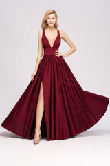 Sexy Deep V-Neck Sleeveless Bridesmaid Dress Burgundy Chiffon Wedding Party Dress-Babyonlines