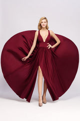 Sexy Deep V-Neck Sleeveless Bridesmaid Dress Burgundy Chiffon Wedding Party Dress-Babyonlines