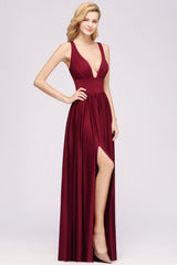 Sexy Deep V-Neck Sleeveless Bridesmaid Dress Burgundy Chiffon Wedding Party Dress-Babyonlines