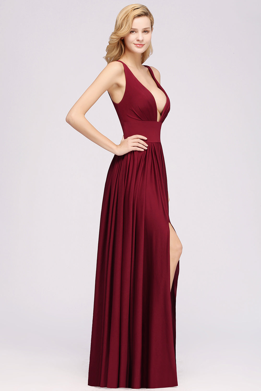 Sexy Deep V-Neck Sleeveless Bridesmaid Dress Burgundy Chiffon Wedding Party Dress-Babyonlines