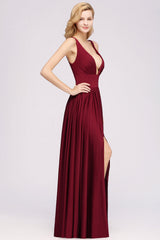 Sexy Deep V-Neck Sleeveless Bridesmaid Dress Burgundy Chiffon Wedding Party Dress-Babyonlines