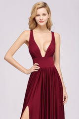 Sexy Deep V-Neck Sleeveless Bridesmaid Dress Burgundy Chiffon Wedding Party Dress-Babyonlines