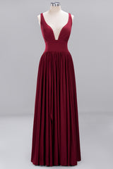 Sexy Deep V-Neck Sleeveless Bridesmaid Dress Burgundy Chiffon Wedding Party Dress-Babyonlines