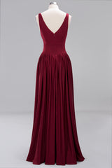 Sexy Deep V-Neck Sleeveless Bridesmaid Dress Burgundy Chiffon Wedding Party Dress-Babyonlines