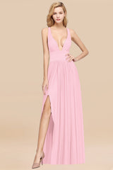 Sexy Deep V-Neck Sleeveless Bridesmaid Dress Burgundy Chiffon Wedding Party Dress-Babyonlines