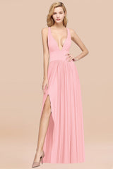 Sexy Deep V-Neck Sleeveless Bridesmaid Dress Burgundy Chiffon Wedding Party Dress-Babyonlines