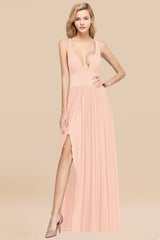 Sexy Deep V-Neck Sleeveless Bridesmaid Dress Burgundy Chiffon Wedding Party Dress-Babyonlines