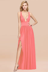 Sexy Deep V-Neck Sleeveless Bridesmaid Dress Burgundy Chiffon Wedding Party Dress-Babyonlines