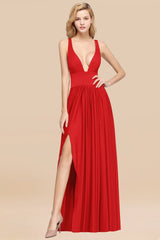 Sexy Deep V-Neck Sleeveless Bridesmaid Dress Burgundy Chiffon Wedding Party Dress-Babyonlines
