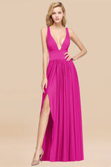 Sexy Deep V-Neck Sleeveless Bridesmaid Dress Burgundy Chiffon Wedding Party Dress-Babyonlines