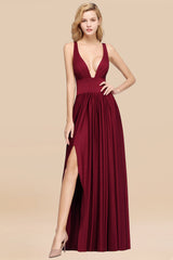 Sexy Deep V-Neck Sleeveless Bridesmaid Dress Burgundy Chiffon Wedding Party Dress-Babyonlines