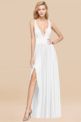 Sexy Deep V-Neck Sleeveless Bridesmaid Dress Burgundy Chiffon Wedding Party Dress-Babyonlines