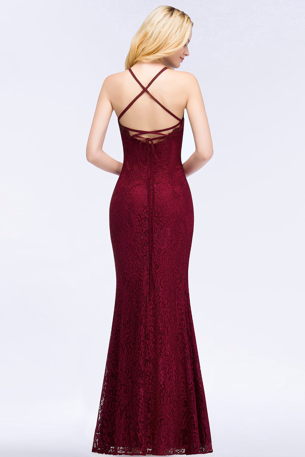 Sexy Mermaid Lace Long Burgundy Bridesmaid Dresses with Crisscross Back-Babyonlines
