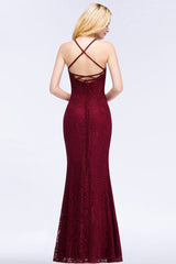 Sexy Mermaid Lace Long Burgundy Bridesmaid Dresses with Crisscross Back-Babyonlines