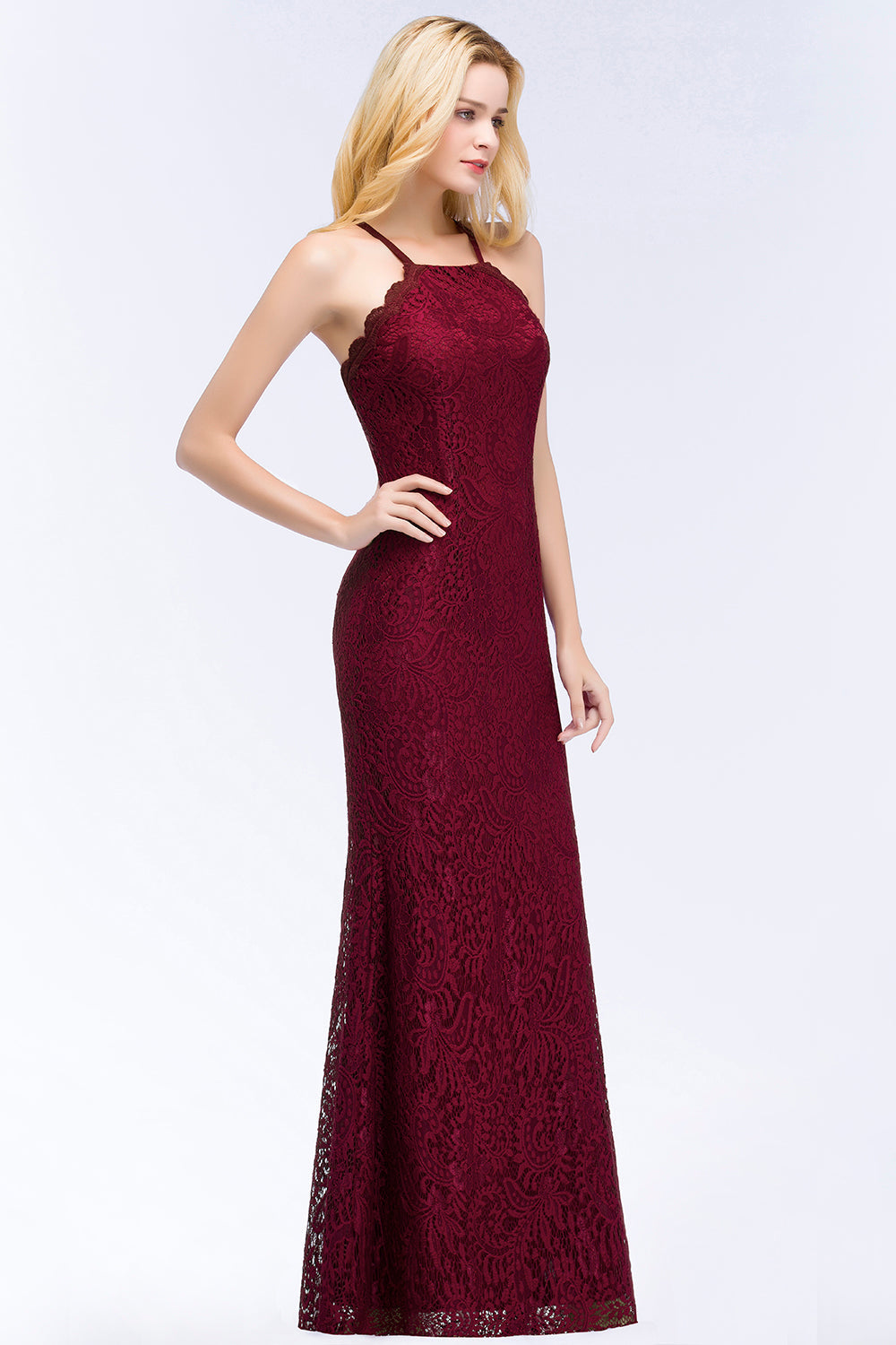 Sexy Mermaid Lace Long Burgundy Bridesmaid Dresses with Crisscross Back-Babyonlines