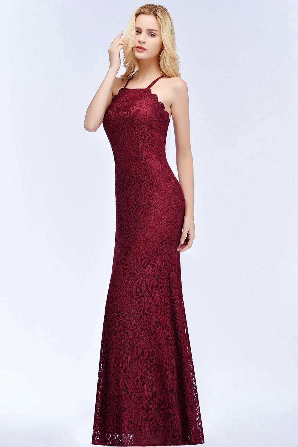 Sexy Mermaid Lace Long Burgundy Bridesmaid Dresses with Crisscross Back-Babyonlines