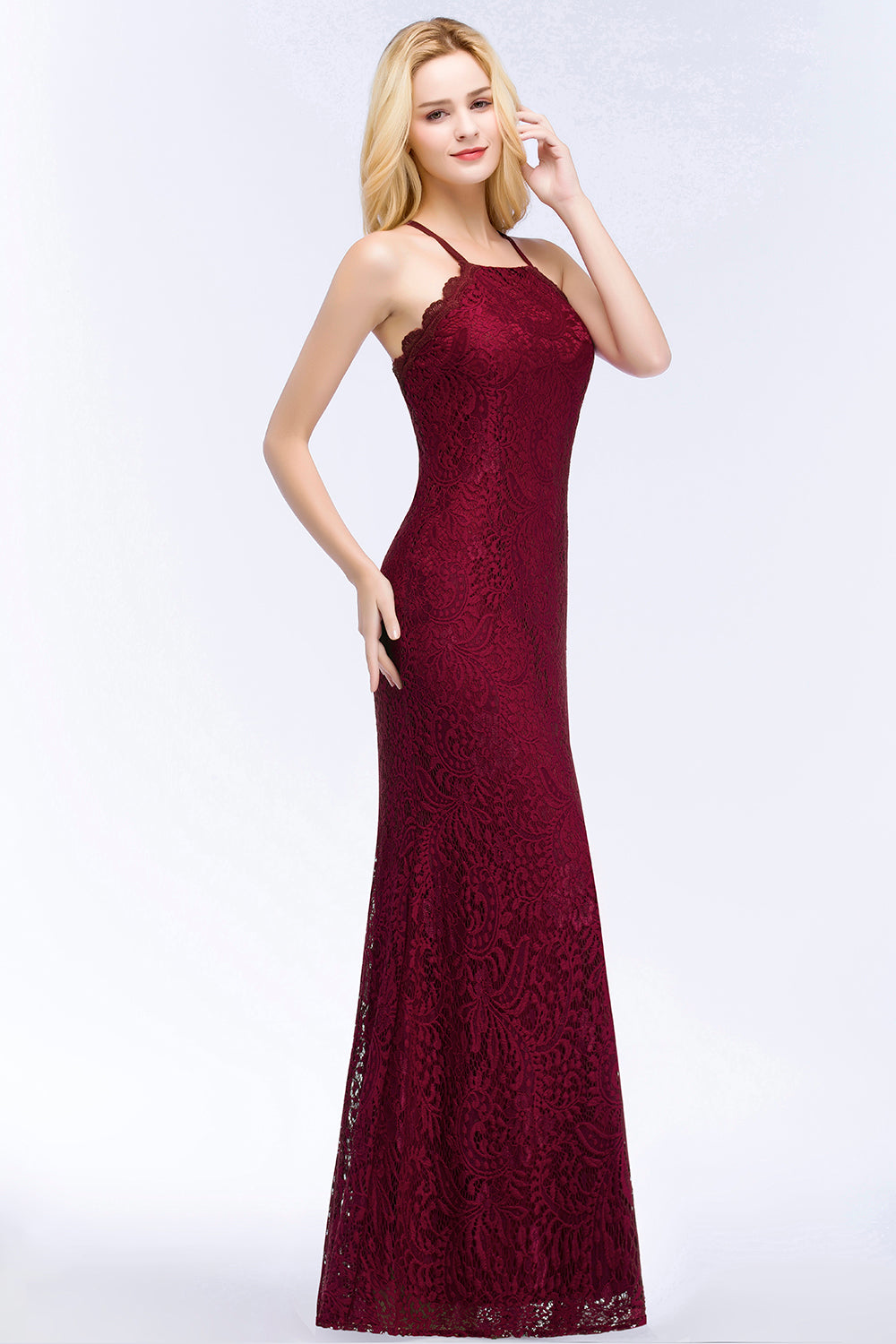 Sexy Mermaid Lace Long Burgundy Bridesmaid Dresses with Crisscross Back-Babyonlines