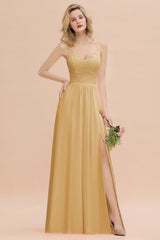 Sexy Spaghetti-Straps Coral Lace Bridesmaid Dresses with Slit-Babyonlines